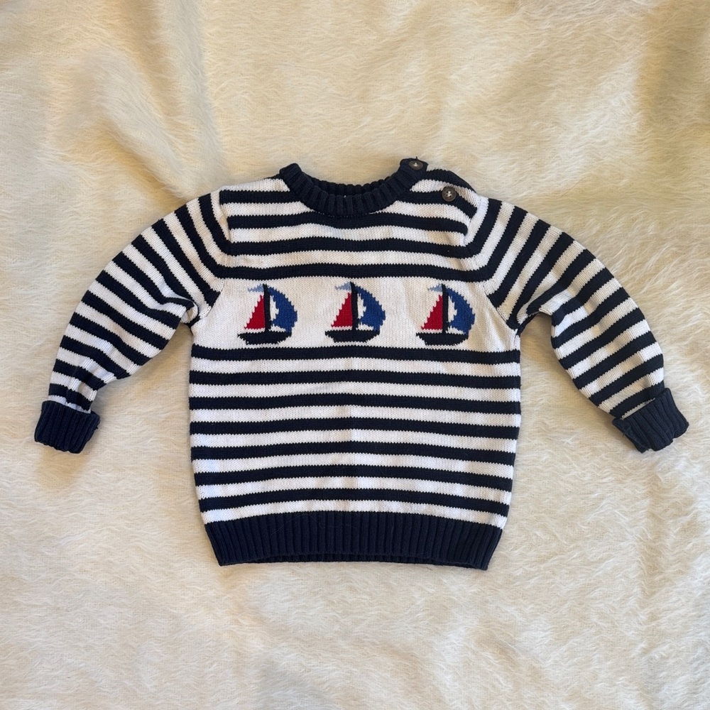 JoJo Maman Bebe - 2-3T - Navy and White Striped Sweater with Sailboats